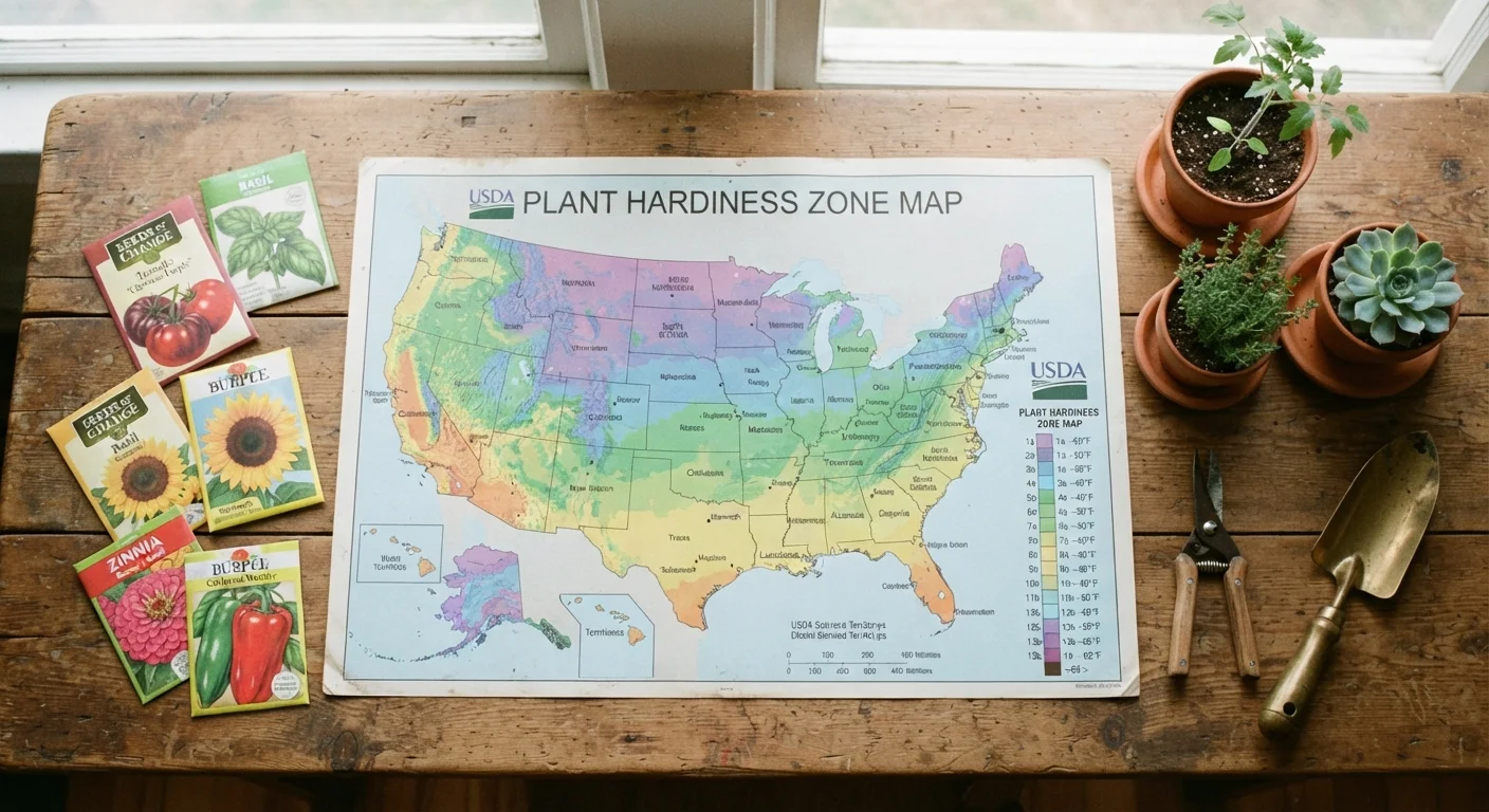 USDA plant hardiness zone map of the US on a table with seed packets and potted plants