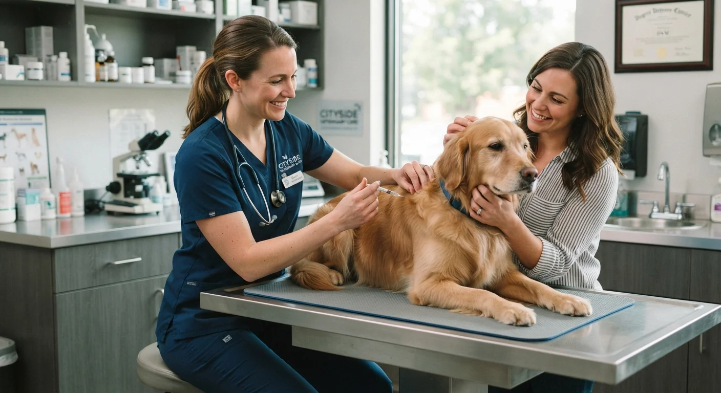 A veterinarian administering a vaccine to a calm golden retriever dog in a veterinary clinic