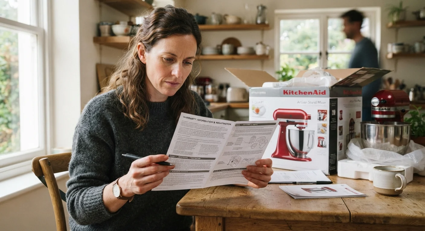 Person reading a product warranty document next to a boxed appliance on a table.