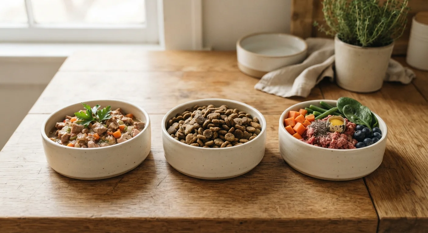 Three bowls containing wet dog food, dry kibble, and raw diet ingredients placed side by side