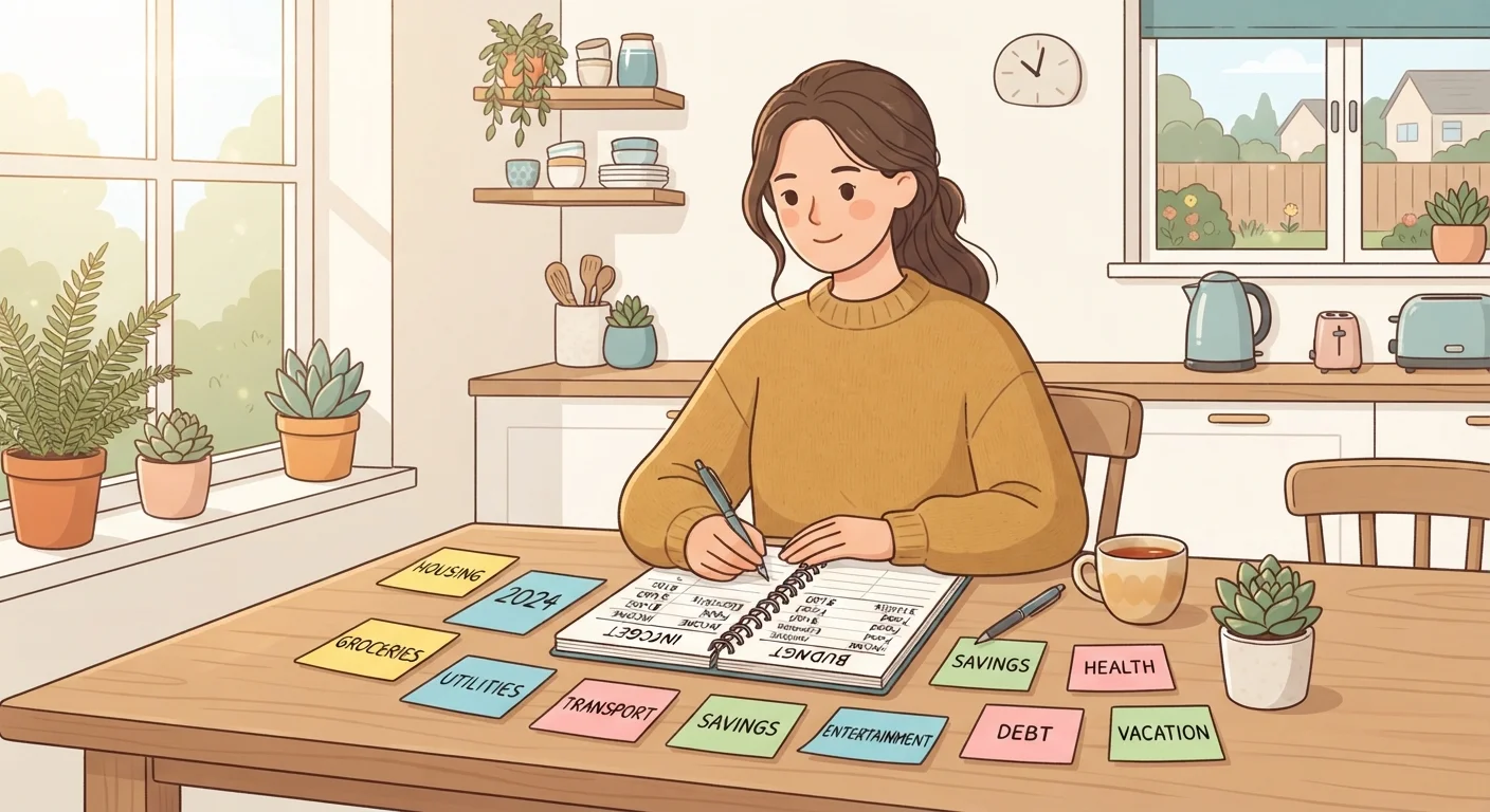 Person at kitchen table organizing household budget notes with pen and notebook