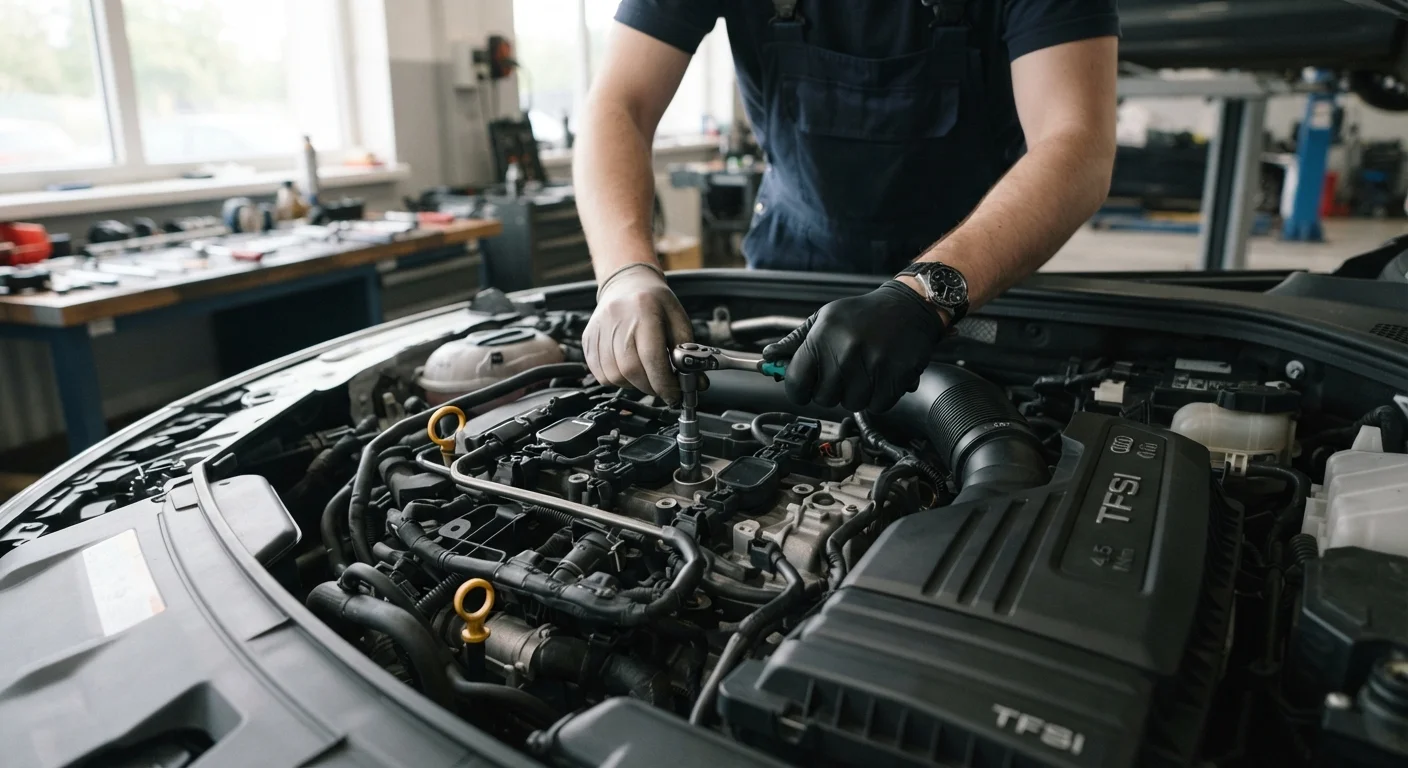 Mechanic inspecting spark plugs and engine components during a modern vehicle tune-up service
