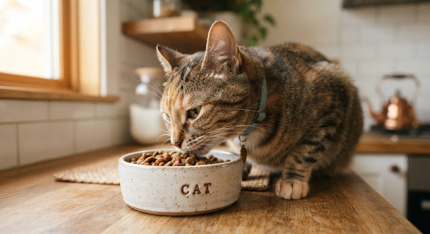A healthy domestic cat eating from a ceramic bowl in a bright kitchen