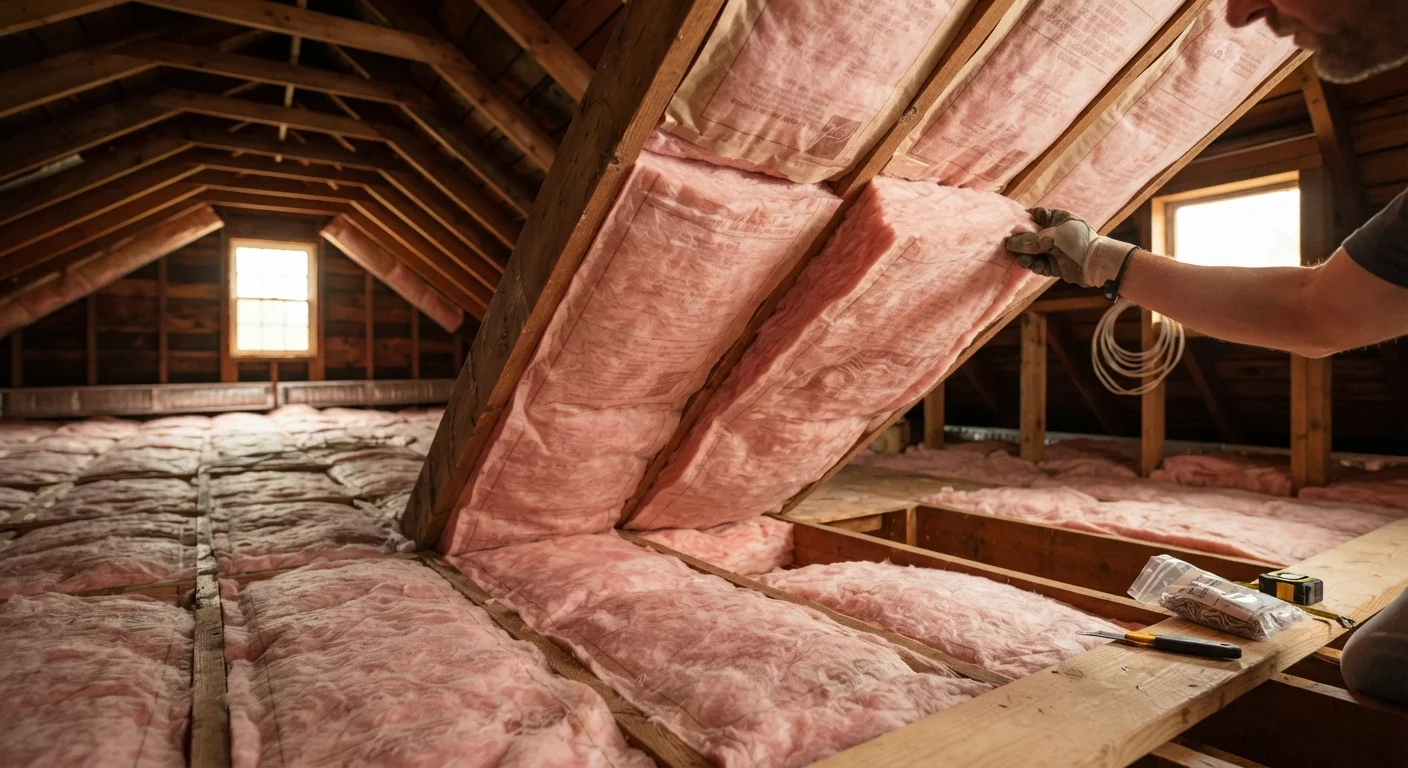 Fiberglass insulation batts installed between attic joists in a residential home upgrade.