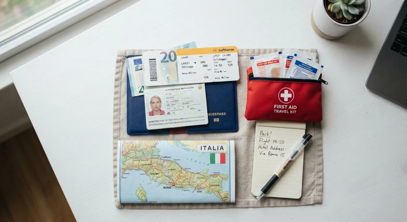 Overhead view of travel documents, boarding pass, passport, and a first-aid kit laid out on a white desk