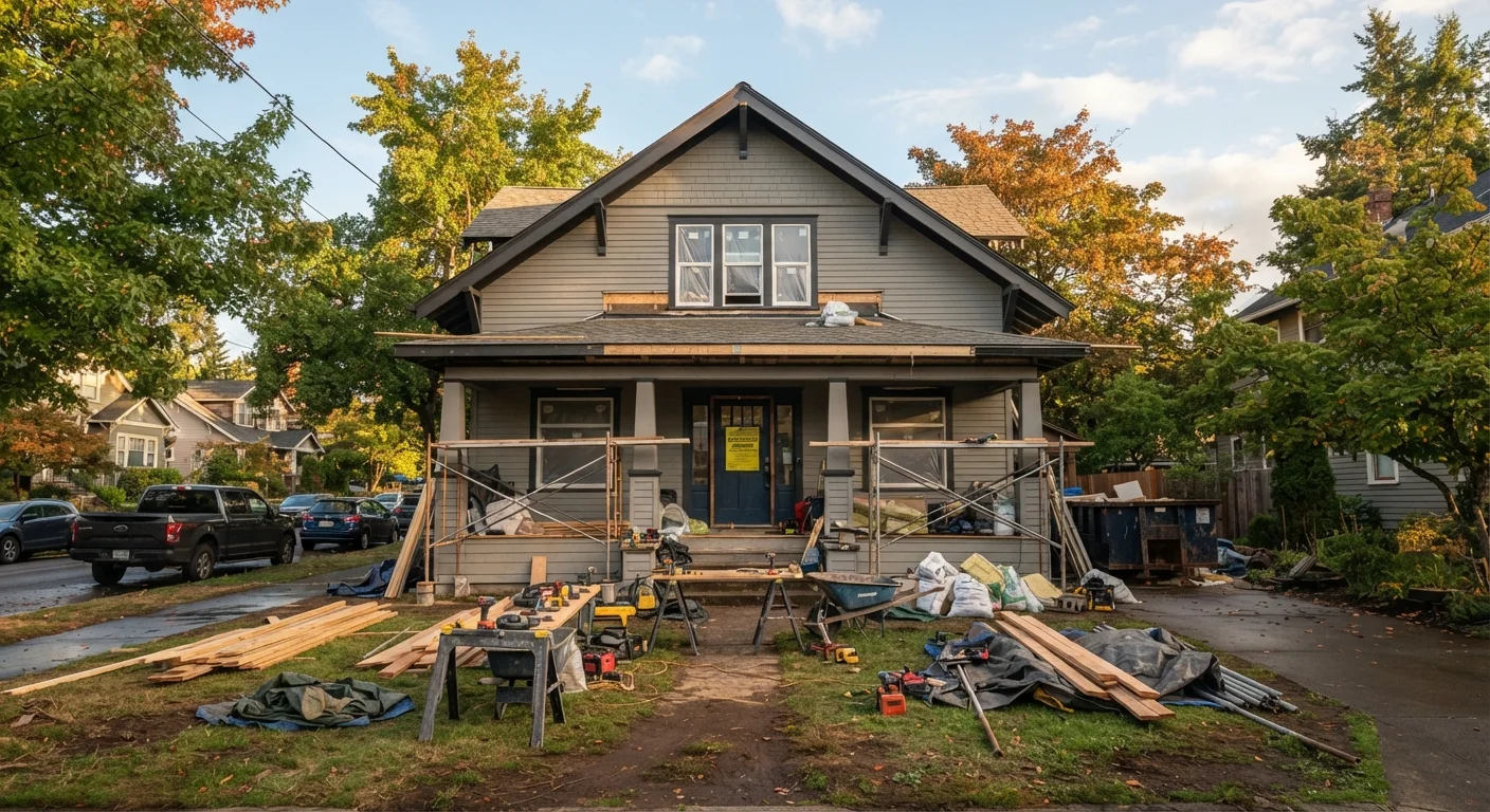 A home under renovation with a building permit sign posted on the front door
