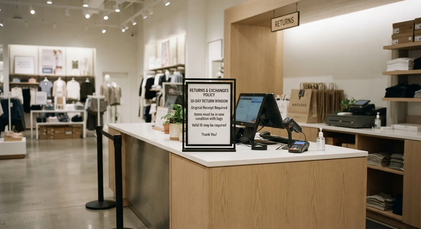 A retail store return counter with a posted return policy sign and neutral decor