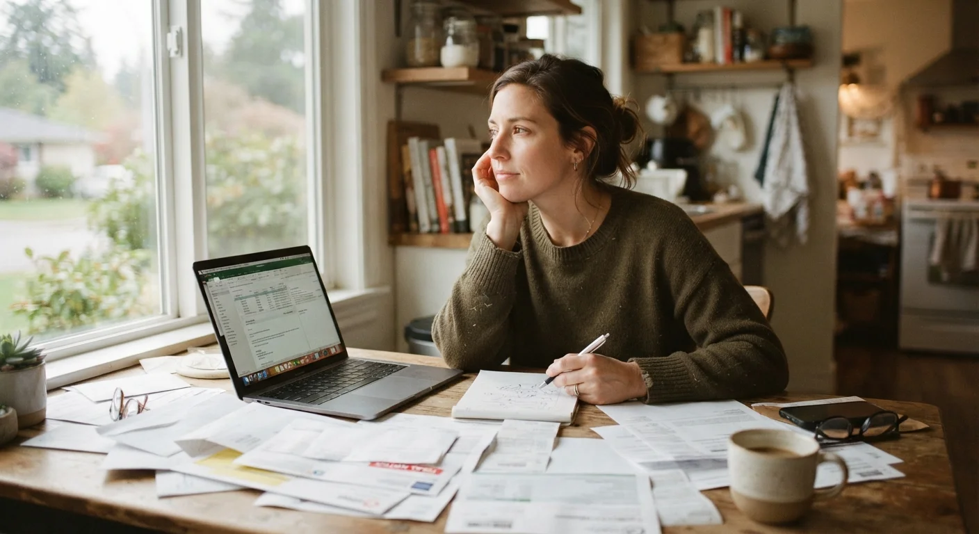 Person at kitchen table surrounded by bills and laptop, looking thoughtful under natural light