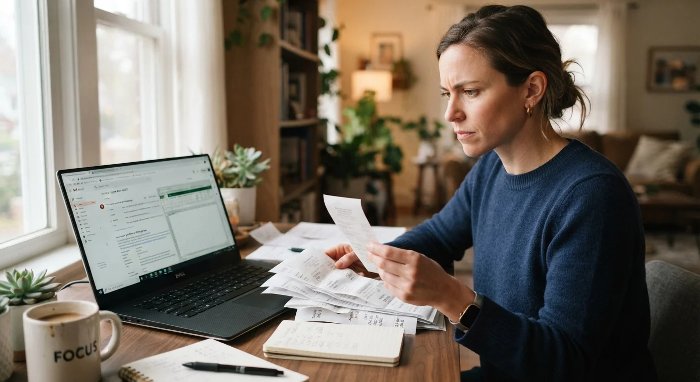 Person reviewing printed receipts and emails at a desk while researching refund options