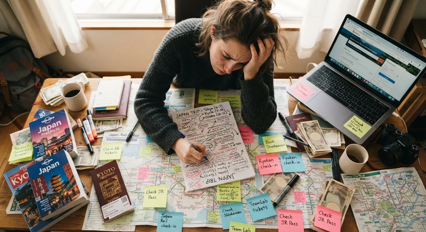 Overhead view of a desk covered in travel maps, sticky notes, and a packed itinerary schedule
