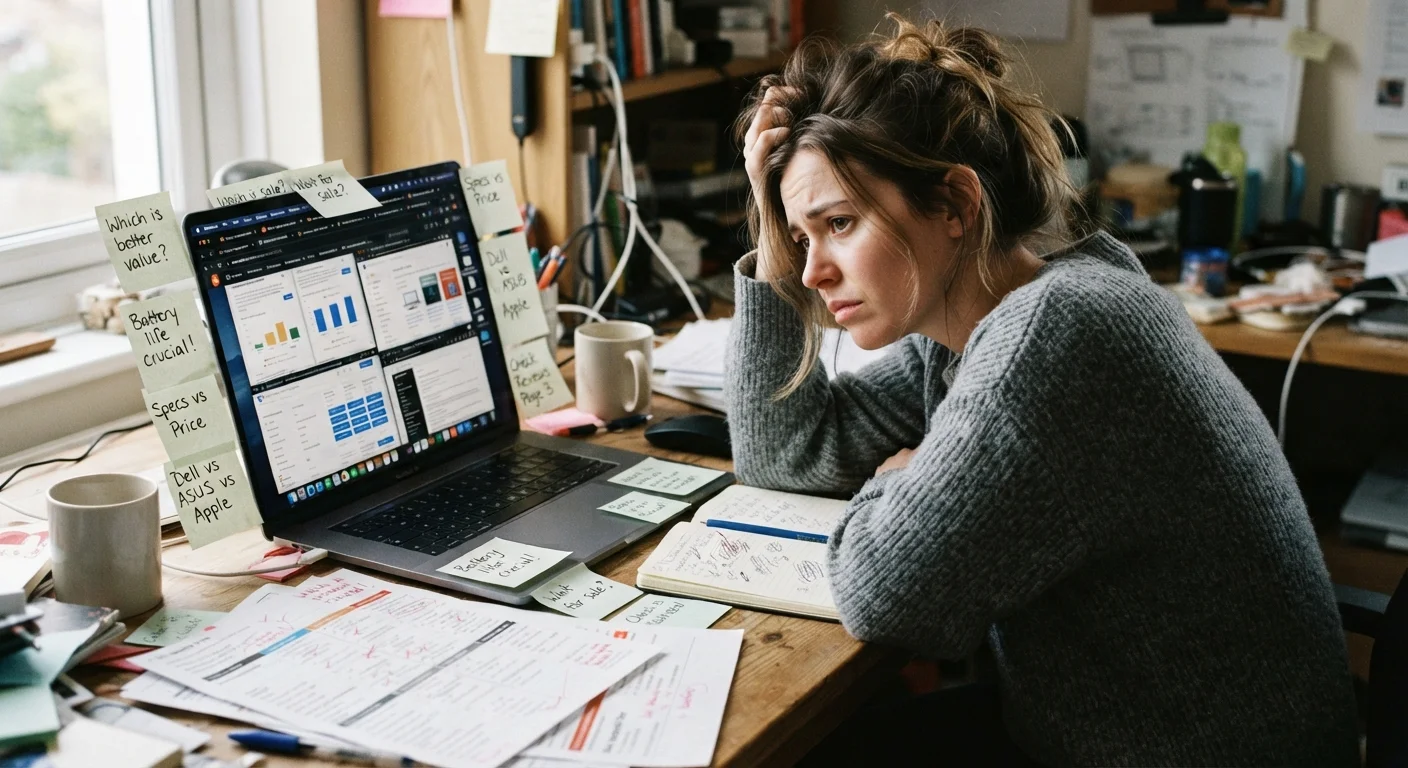 A shopper overwhelmed by product research materials spread across a cluttered desk
