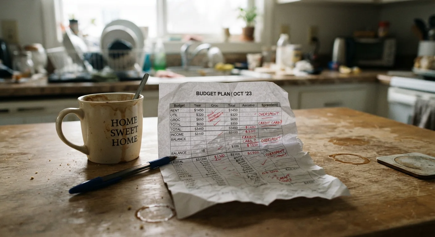A crumpled budget spreadsheet on a kitchen table next to a pen and coffee mug