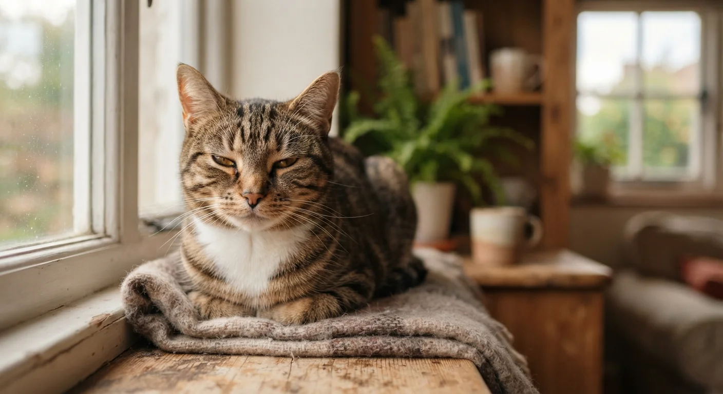 A tabby cat sitting on a sunny windowsill with a calm, half-lidded expression