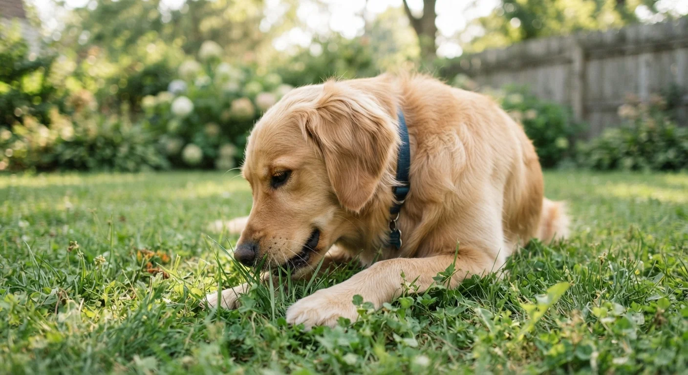 A golden retriever dog eating grass in a green sunny backyard garden.