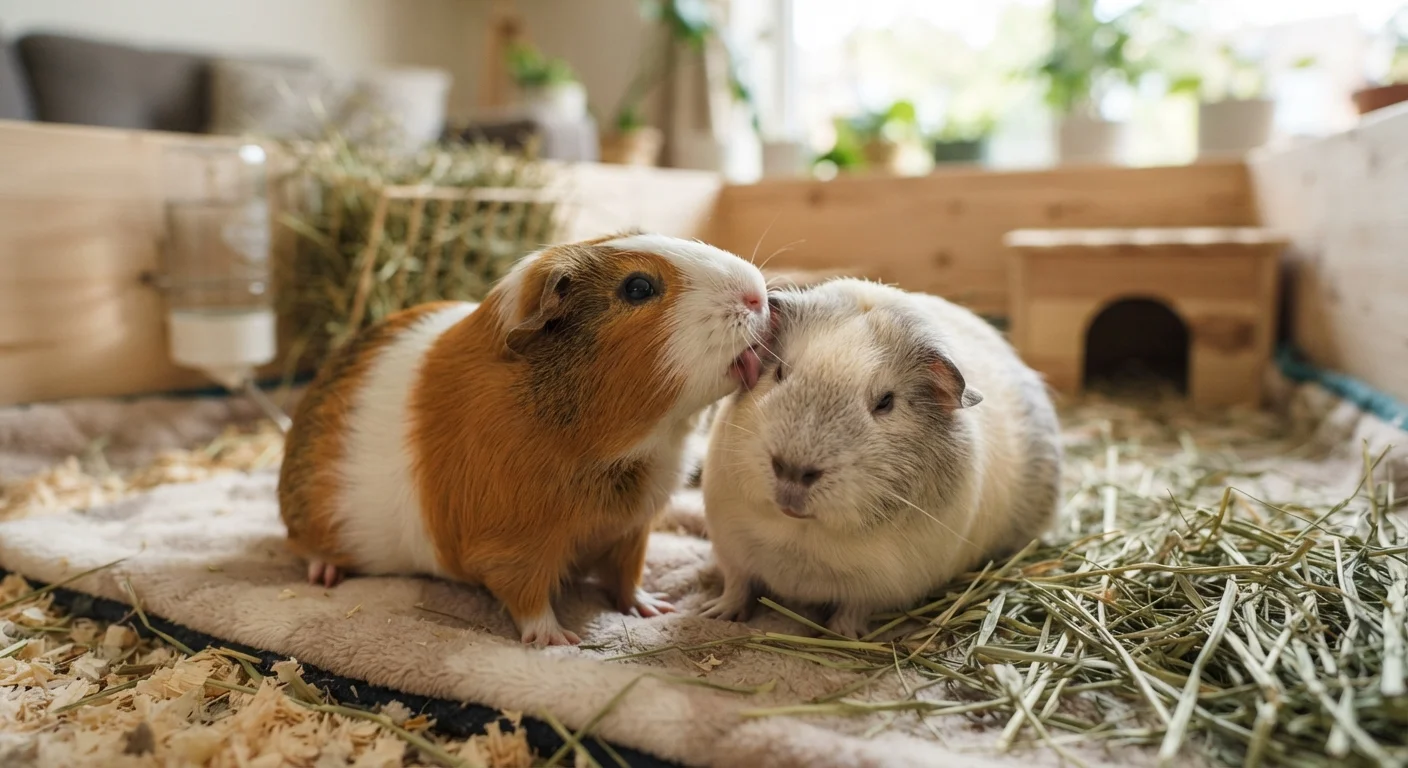Two guinea pigs sitting close together in a habitat, one grooming the other