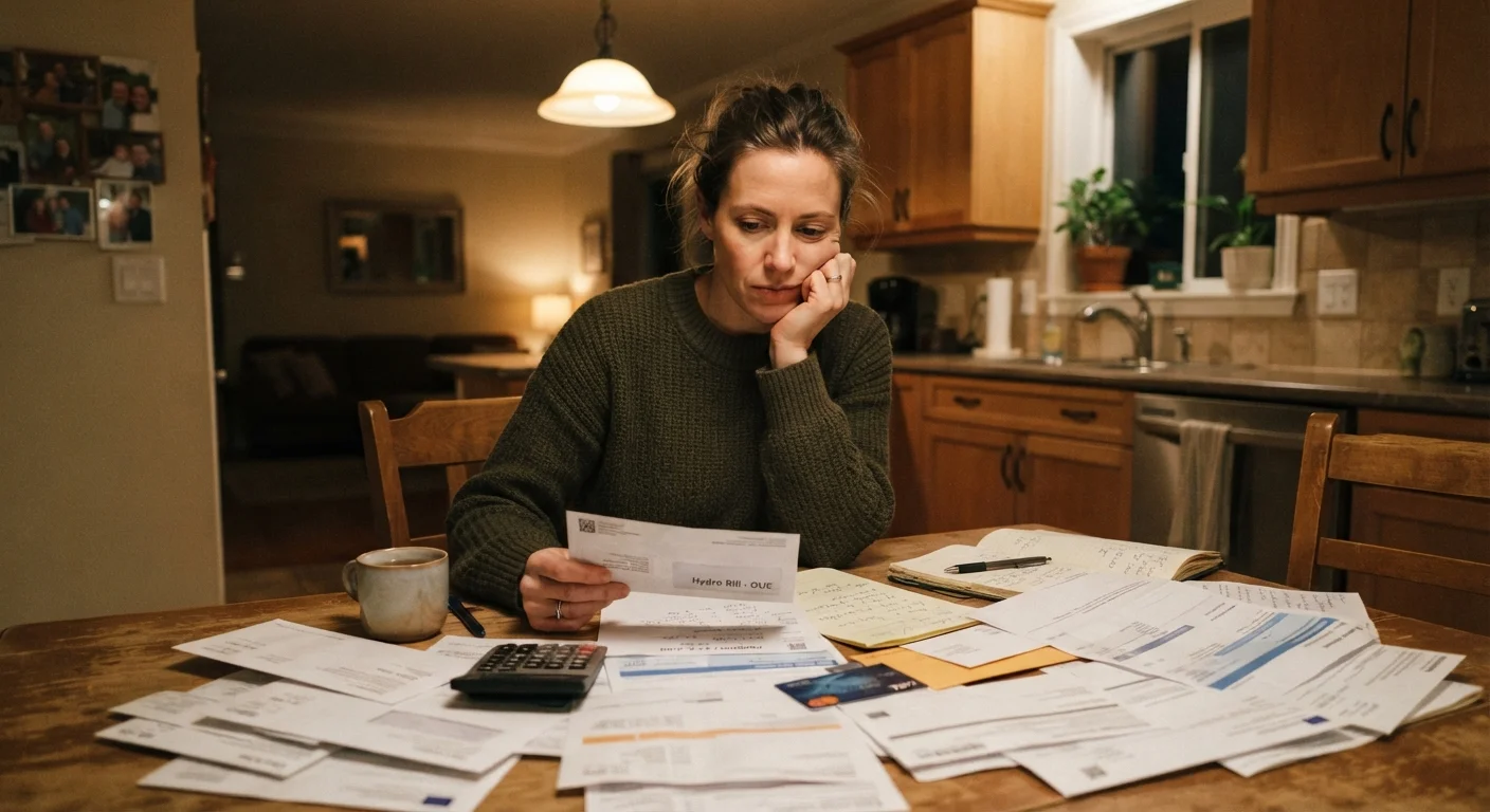 Person reviewing bills and financial paperwork at a kitchen table with a thoughtful expression