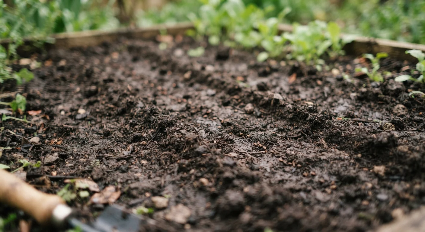 Close-up of dark garden soil with seeds resting in shallow planting furrows