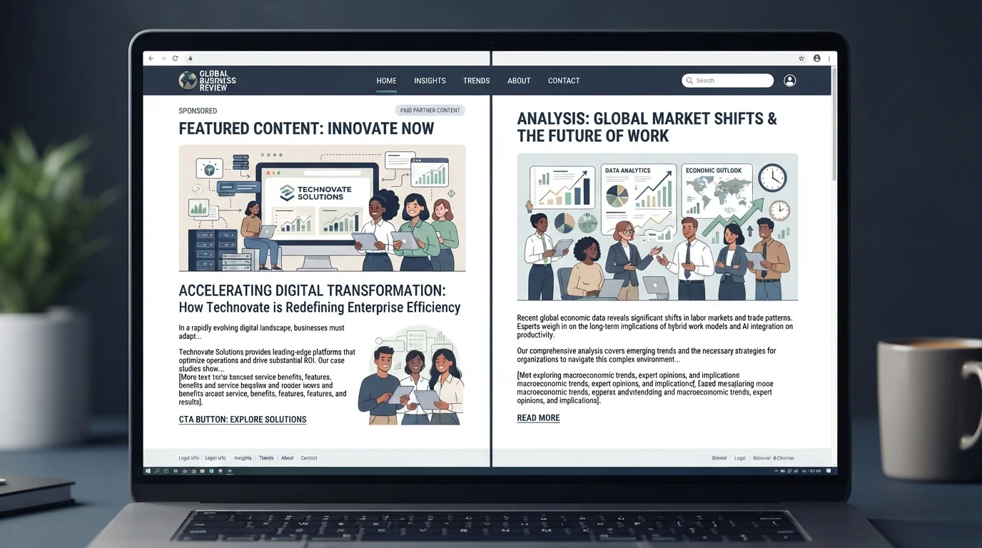 Split-screen illustration showing sponsored content and editorial content side by side on a webpage