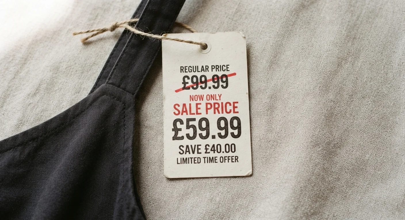 A retail price tag with a crossed-out original price and a lower sale price displayed below it