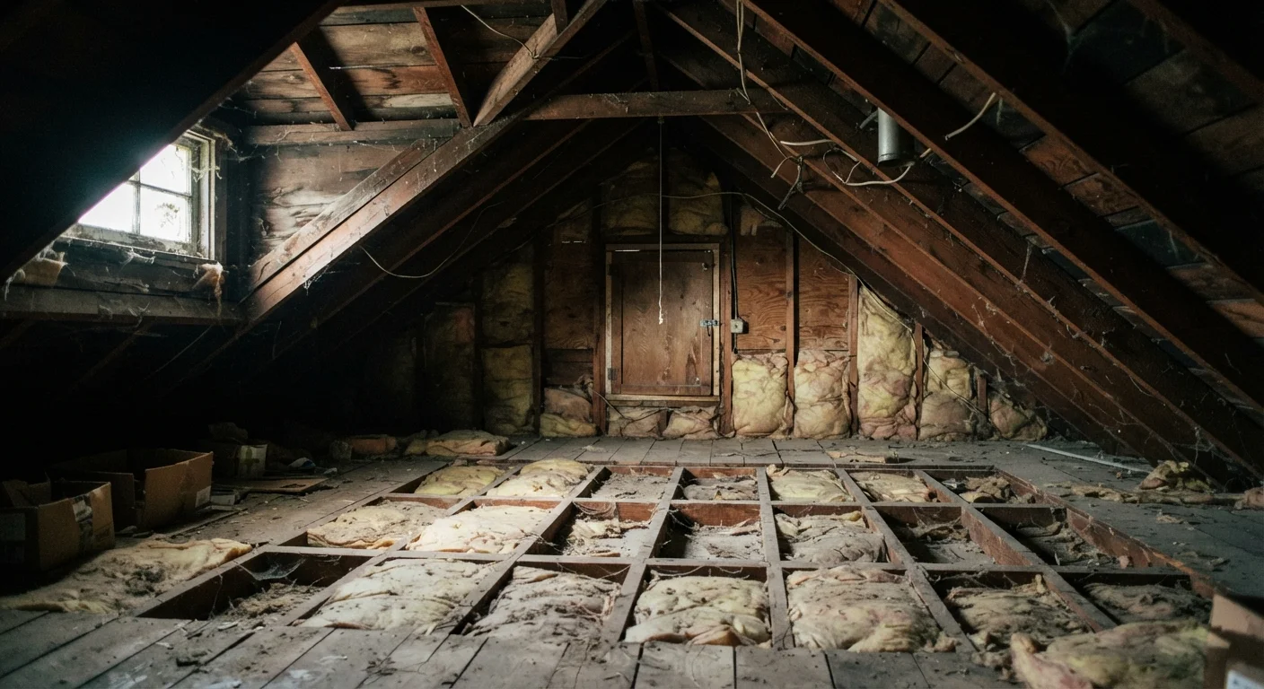 Attic interior with thin, aged fiberglass insulation between wooden joists and rafters