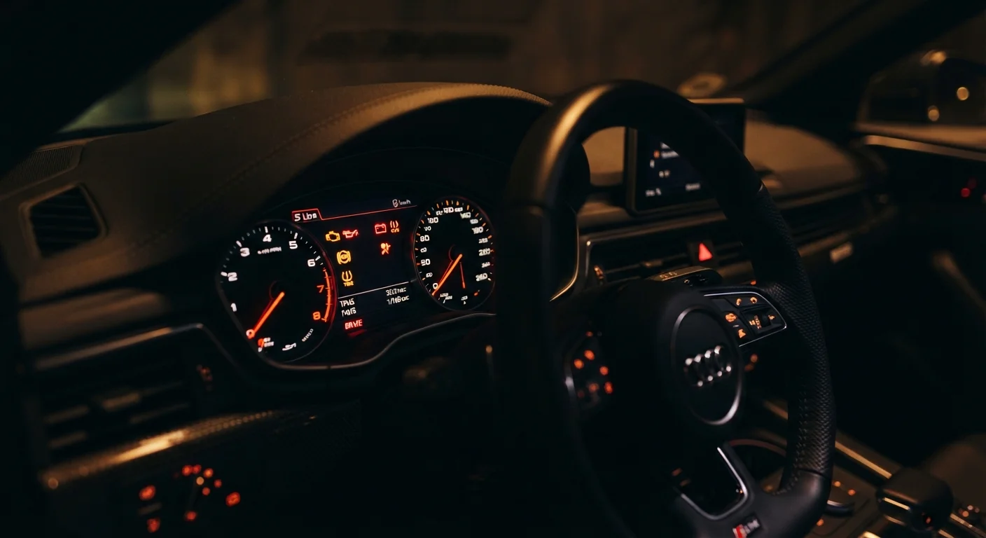 Car dashboard displaying multiple illuminated warning lights in amber and red