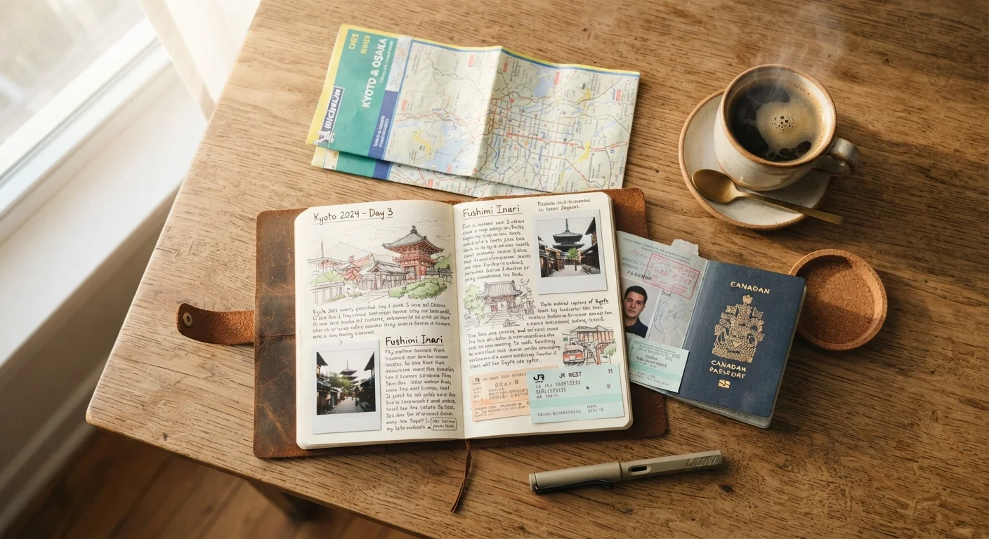 Open travel journal, passport, and folded map arranged on a wooden table with morning light
