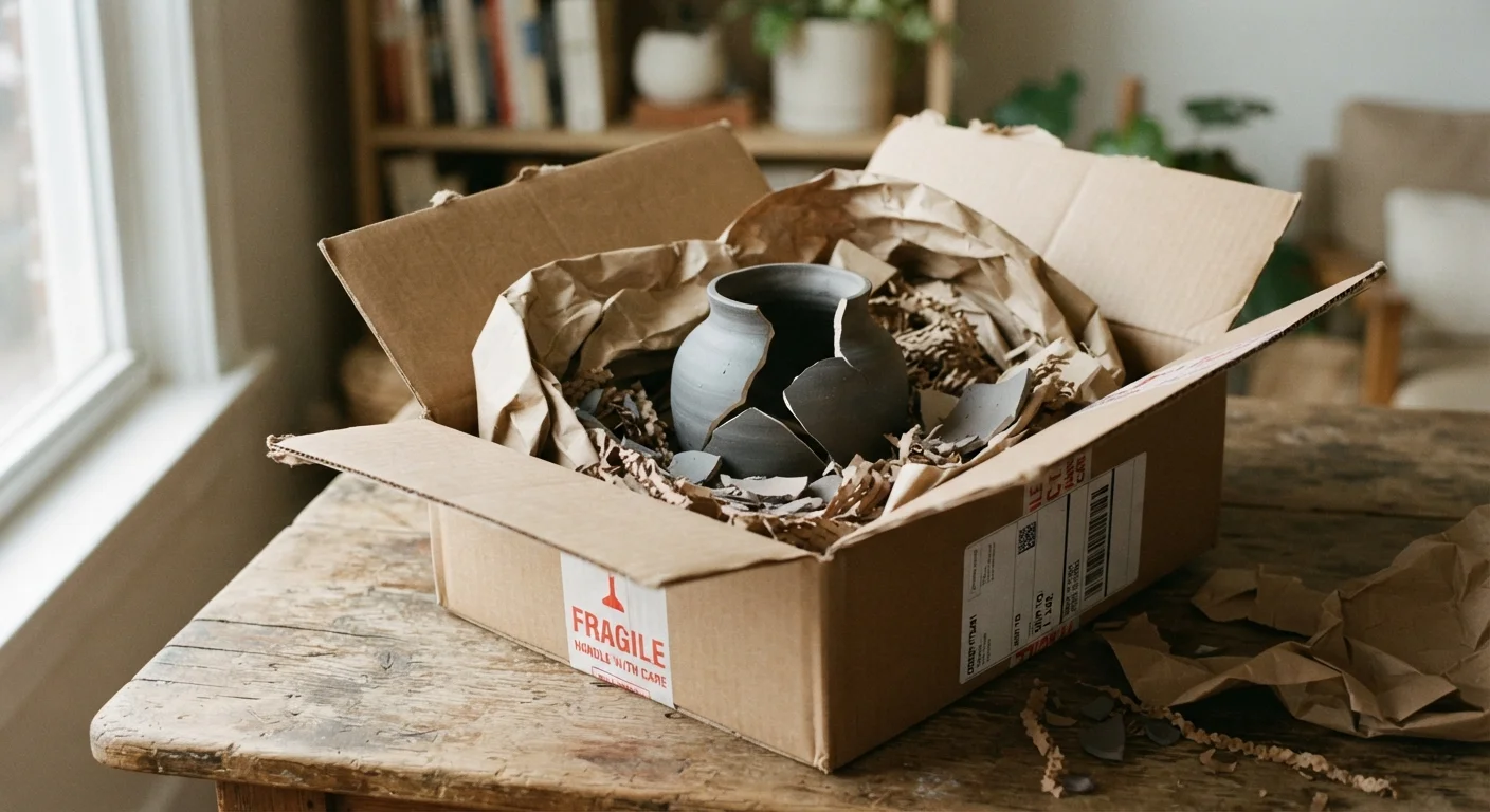 Open shipping box on a table revealing a damaged broken product inside with packing material